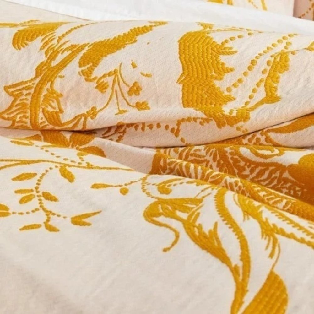 Anthropologie Jacquard Woven Porte Bonheur Twin Duvet Cover Gold Yellow Blooms - Picture 2 of 6